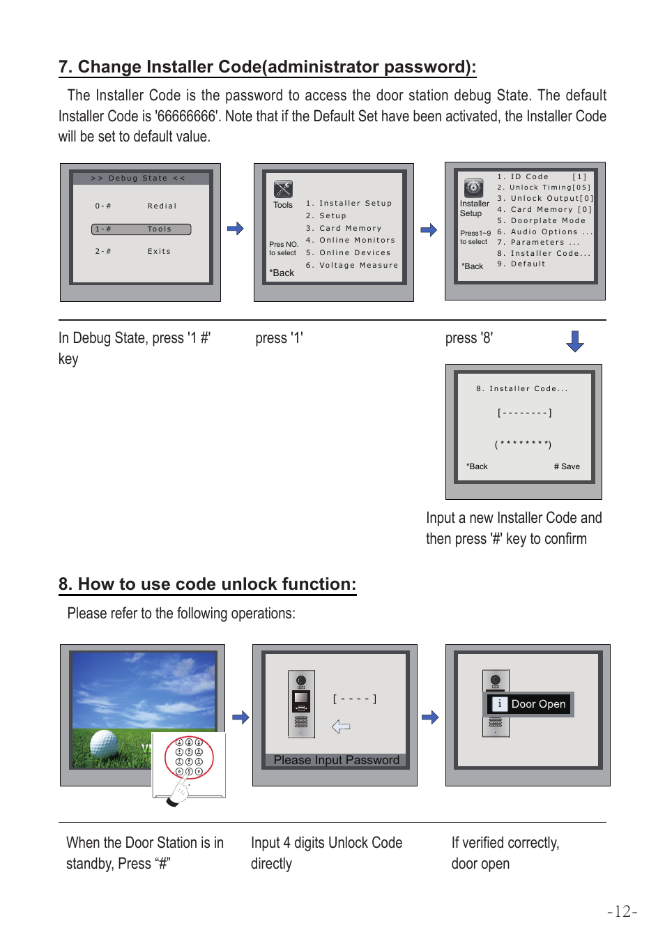 Change installer code(administrator password), How to use code unlock function, Please refer to the following operations | V-Tech DMR18 Manual User Manual | Page 13 / 20
