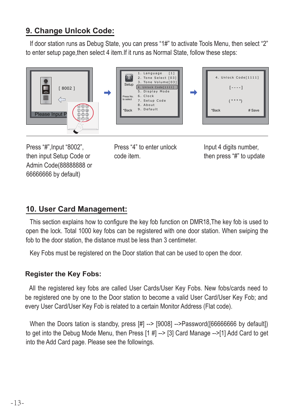 Change unlcok code, User card management, Input 4 digits number, then press “#” to update | V-Tech DMR18 Manual User Manual | Page 14 / 20
