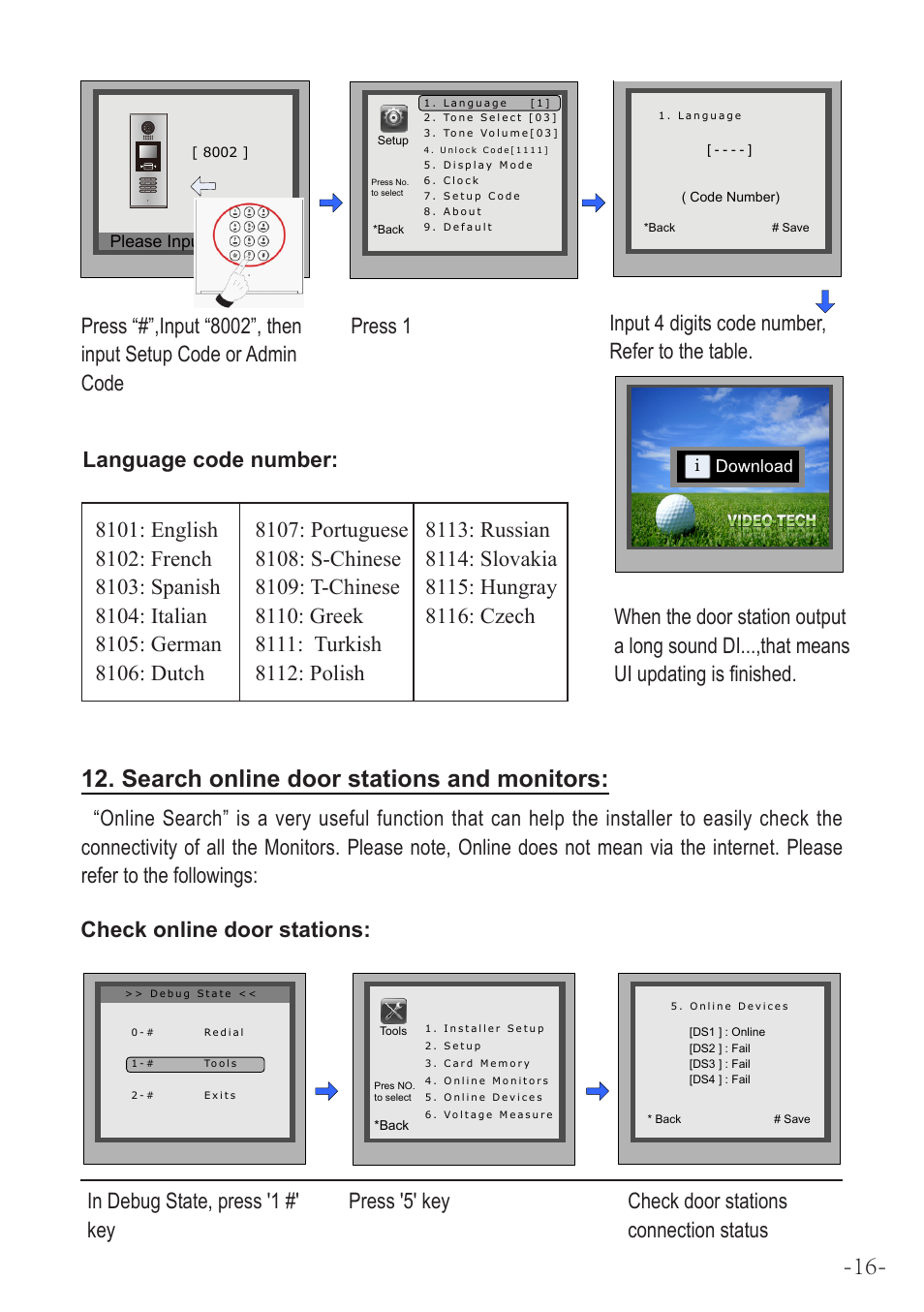 Search online door stations and monitors, Language code number | V-Tech DMR18 Manual User Manual | Page 17 / 20