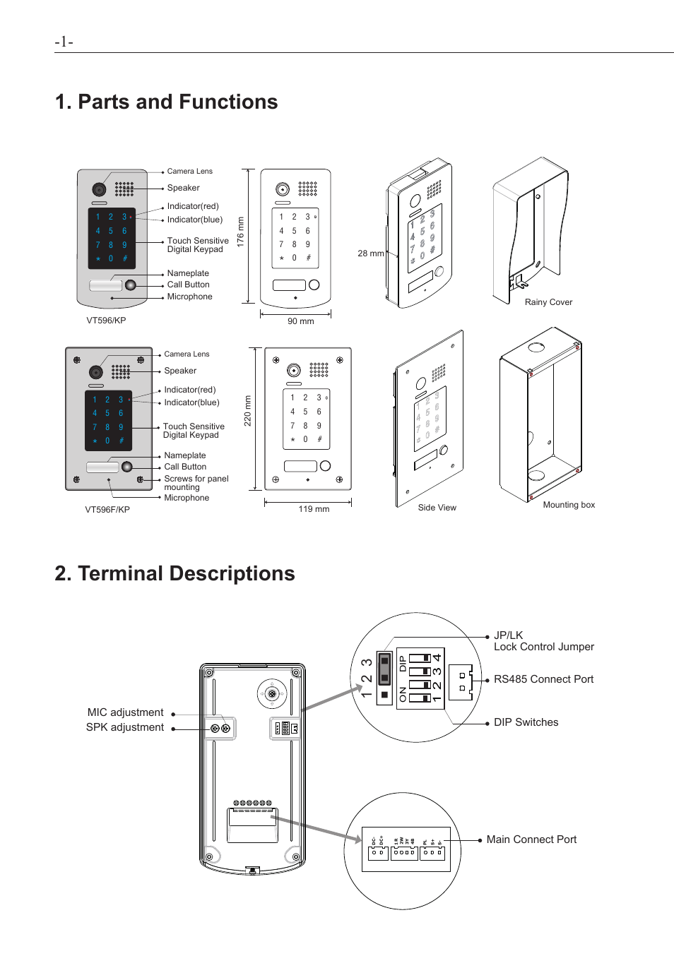 Parts and functions 2. terminal descriptions, Spk adjustment | V-Tech VT596F_KP  Manual User Manual | Page 2 / 12