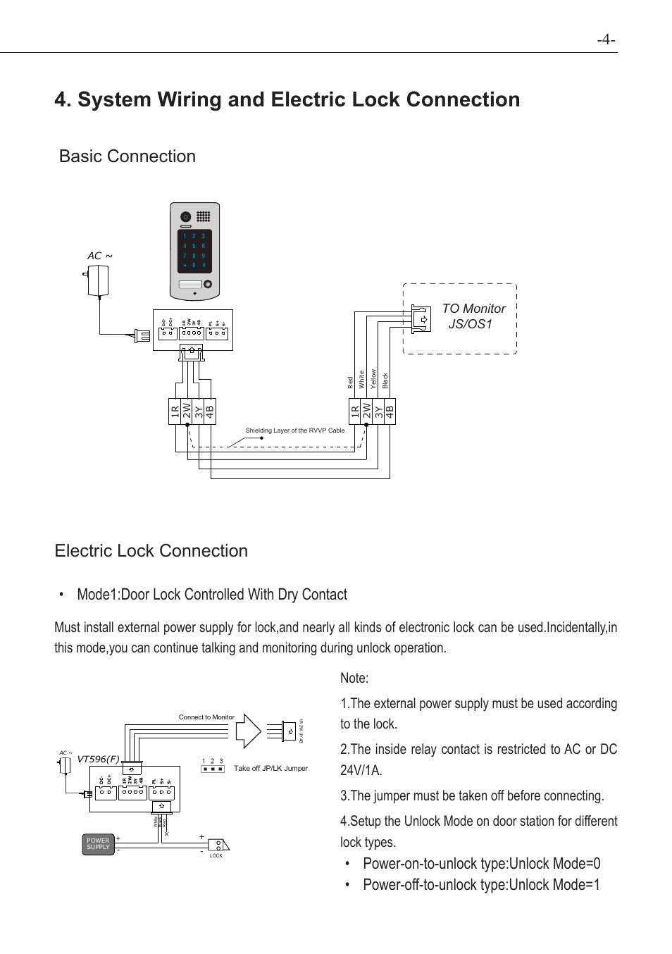 System wiring and electric lock connection, Basic connection electric lock connection, Mode1:door•lock•controlled•with•dry•contact | V-Tech VT596F_KP  Manual User Manual | Page 5 / 12