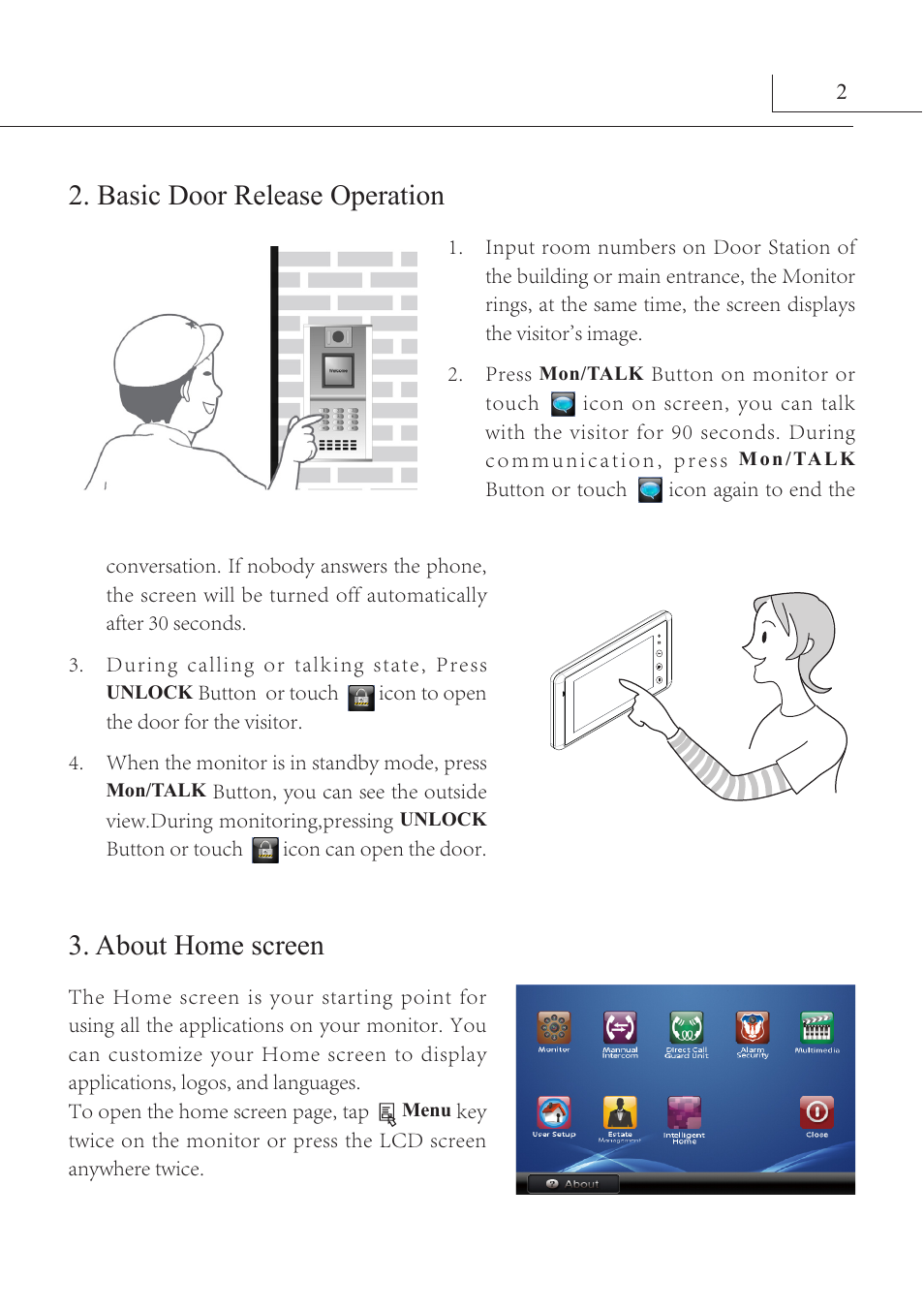 Basic door release operation, About home screen | V-Tech AT27SD_TD7 Manual User Manual | Page 5 / 16