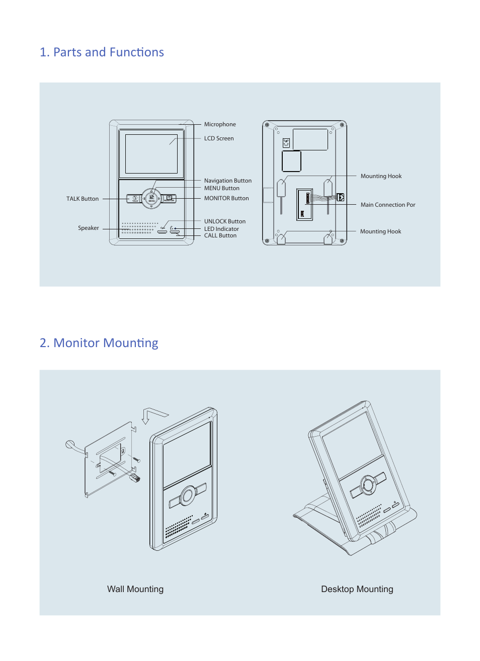 Parts and functions 2. monitor mounting, Wall mounting desktop mounting | V-Tech AT25 Info User Manual | Page 2 / 4