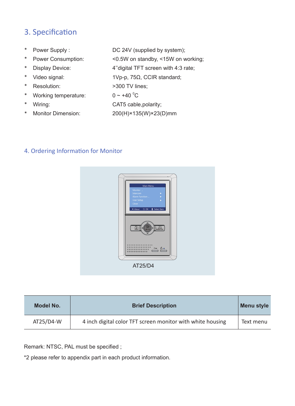 Specification, Ordering information for monitor | V-Tech AT25 Info User Manual | Page 3 / 4