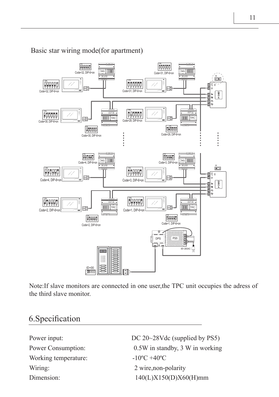 Specification, Basic star wiring mode(for apartment) | V-Tech DT-TPC Manual User Manual | Page 12 / 12