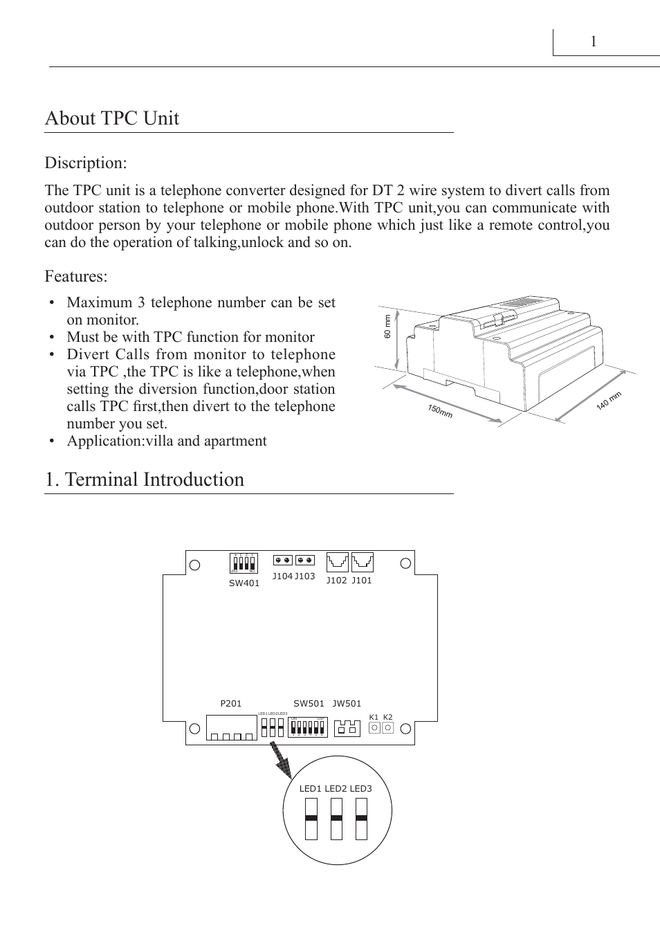 About tpc unit 1. terminal introduction, Discription: features | V-Tech DT-TPC Manual User Manual | Page 2 / 12