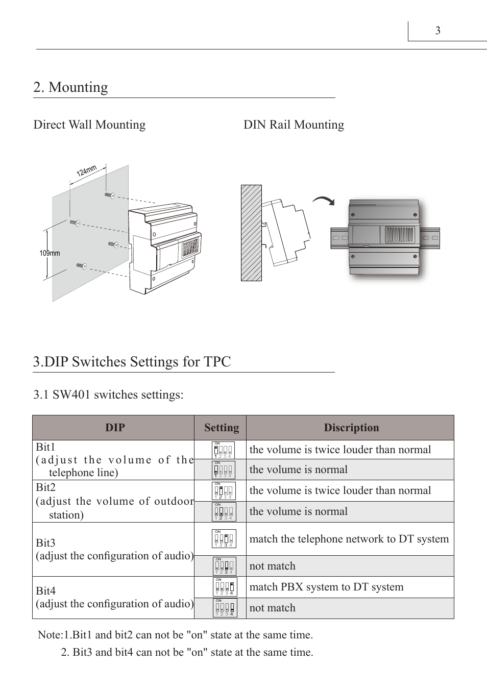 Mounting 3.dip switches settings for tpc | V-Tech DT-TPC Manual User Manual | Page 4 / 12