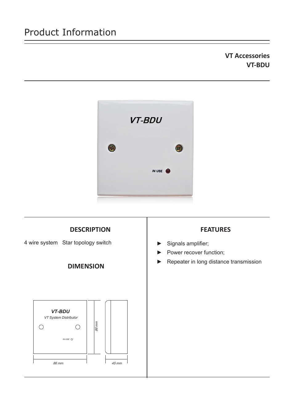 V-Tech VT-BDU Info User Manual | 2 pages