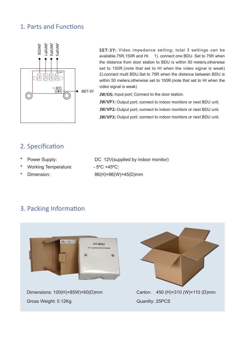 Parts and functions 2. specification, Packing information, Set-3y | Jw/os, Jw/vp1, Jw/vp2, Jw/vp3 | V-Tech VT-BDU Info User Manual | Page 2 / 2