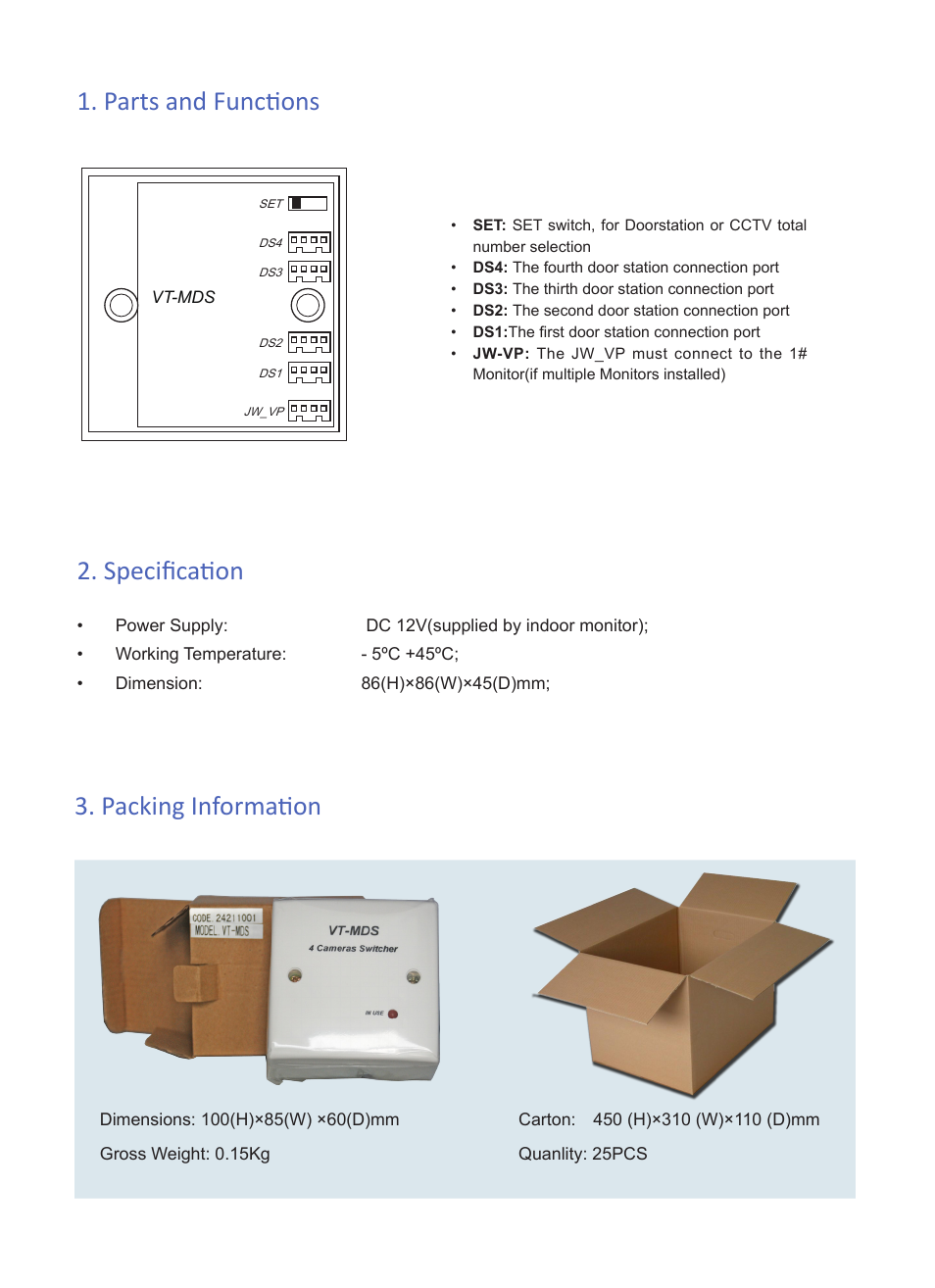 Parts and functions 2. specification, Packing information | V-Tech VT-MDS Info User Manual | Page 2 / 2