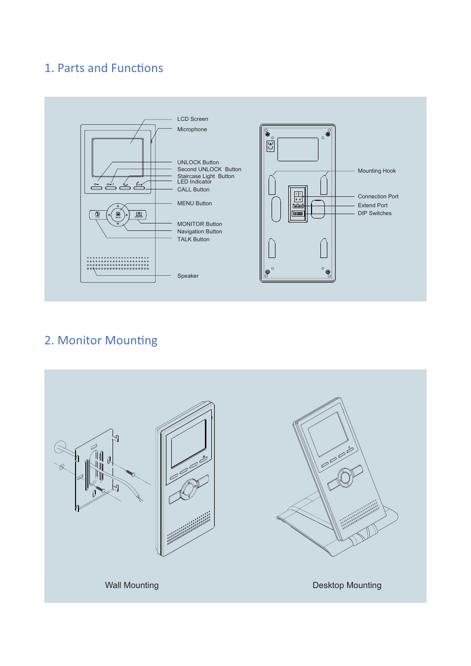Parts and funcɵ ons 2. monitor mounɵ ng, Wall mounting desktop mounting | V-Tech DT16 Info User Manual | Page 2 / 4