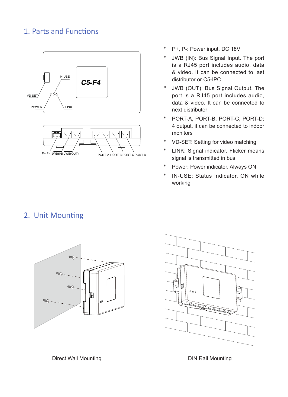 Parts and functions 2. unit mounting | V-Tech C5-F4 Info User Manual | Page 2 / 3