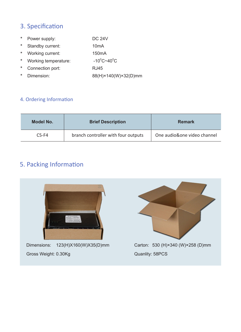 Specification, Packing information, Ordering information | V-Tech C5-F4 Info User Manual | Page 3 / 3