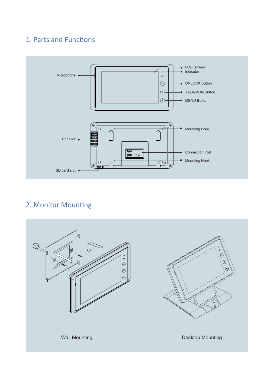 Parts and funcɵ ons 2. monitor mounɵ ng | V-Tech DT27 Info User Manual | Page 2 / 4