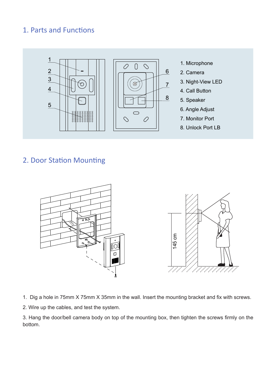 Parts and functions 2. door station mounting | V-Tech VT584 Info User Manual | Page 2 / 3