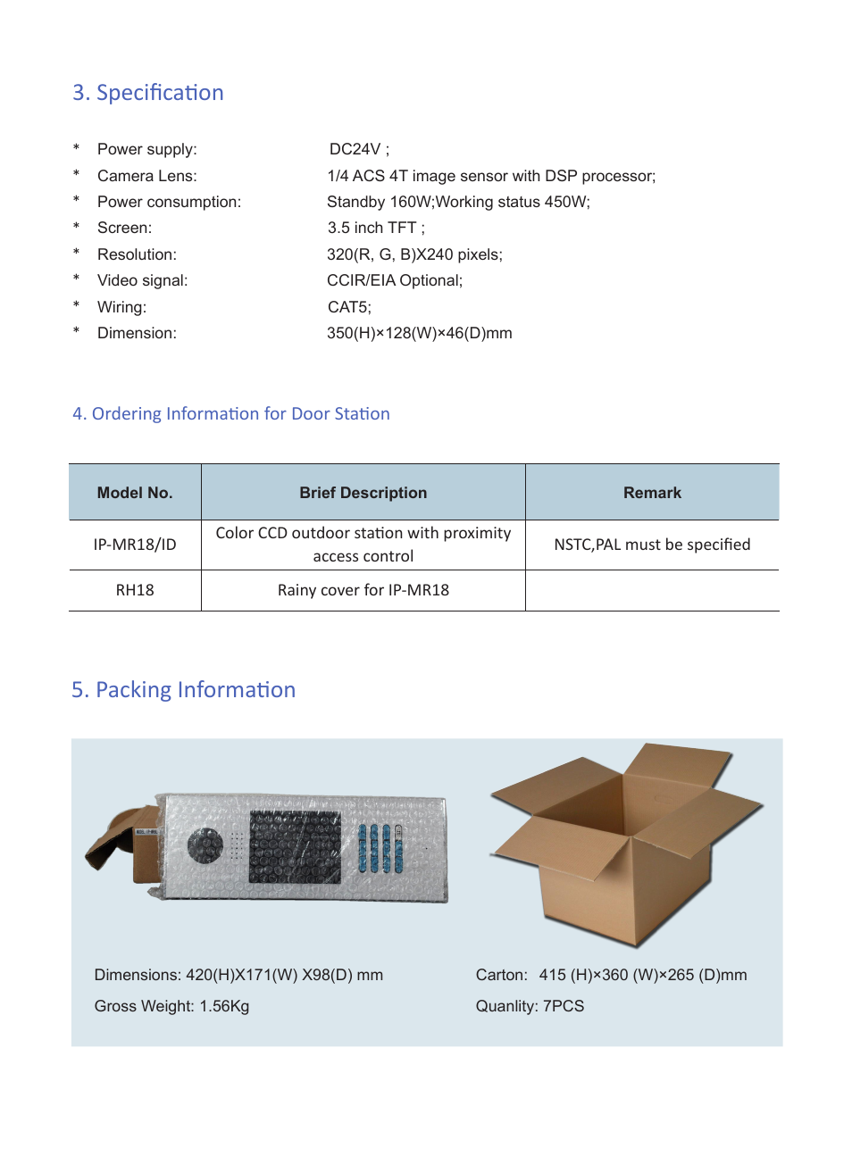 Specification, Packing information | V-Tech IP-MR18 Info User Manual | Page 4 / 4