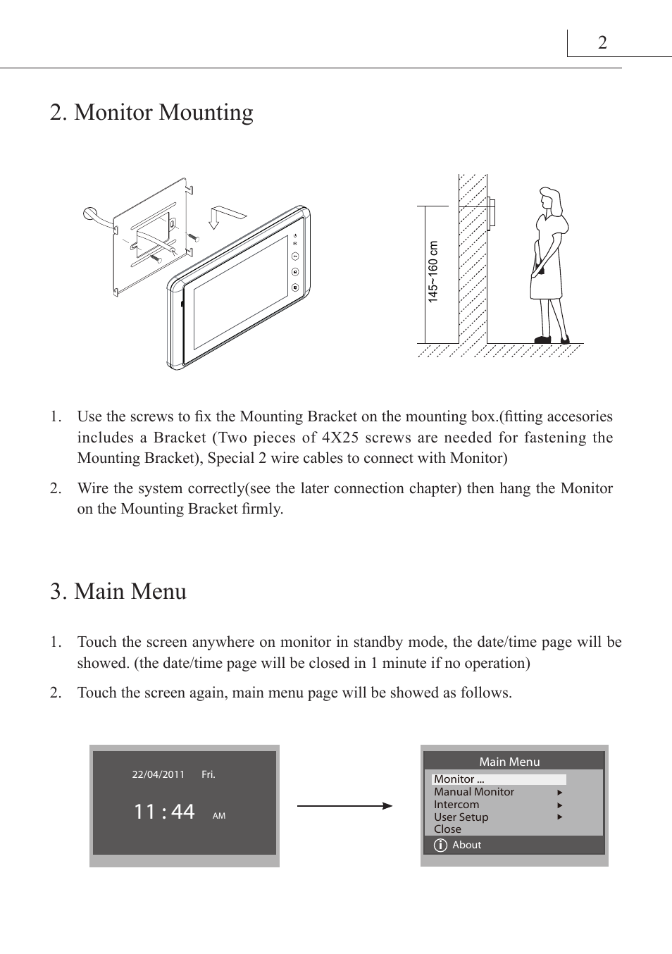 Monitor mounting, Main menu | V-Tech DT27_TD7 Manual User Manual | Page 3 / 12