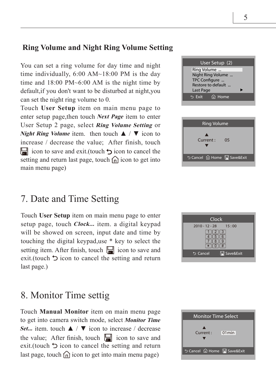 Date and time setting, Monitor time settig, Ring volume and night ring volume setting | V-Tech DT27_TD7 Manual User Manual | Page 6 / 12