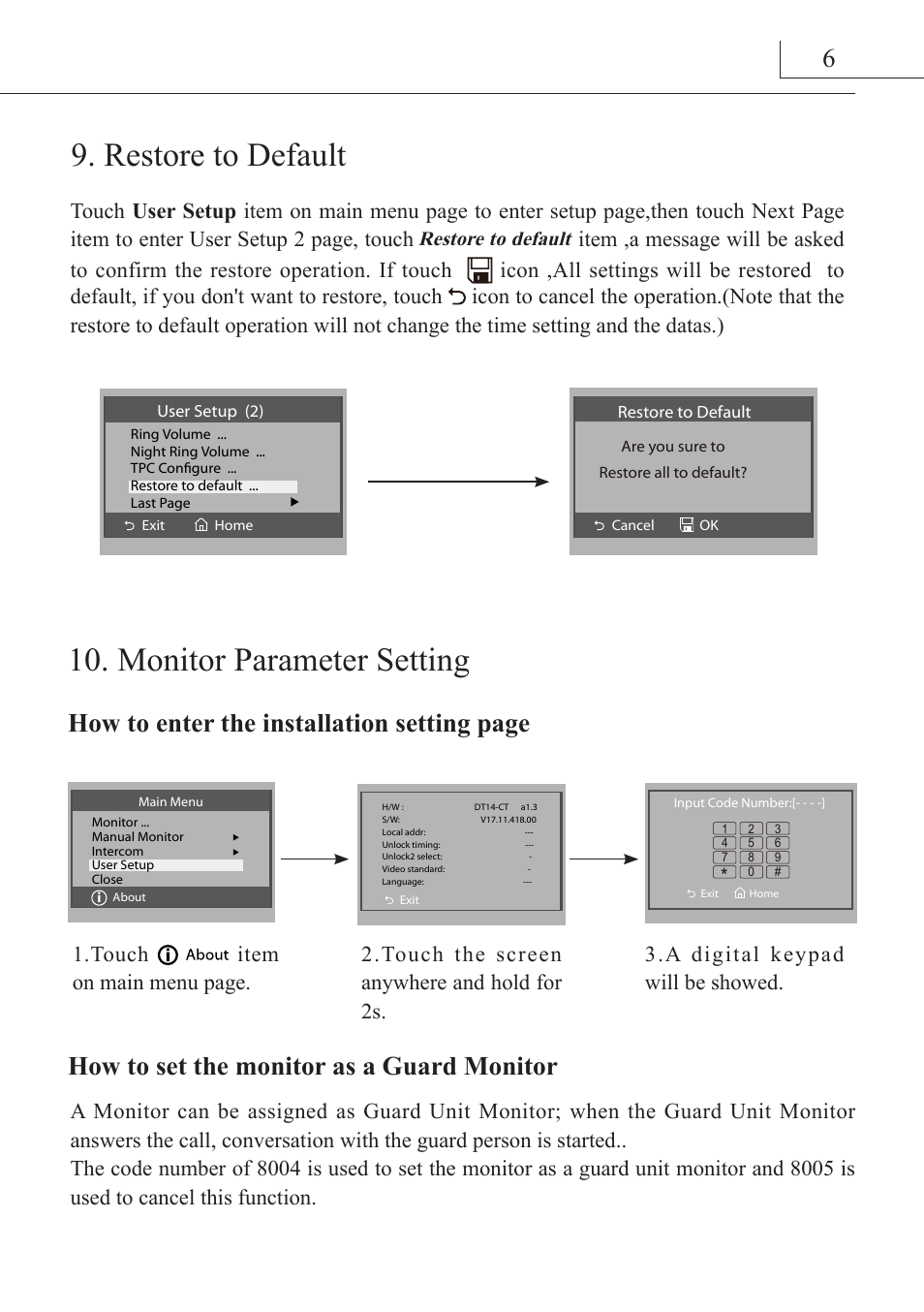Restore to default, Monitor parameter setting | V-Tech DT27_TD7 Manual User Manual | Page 7 / 12