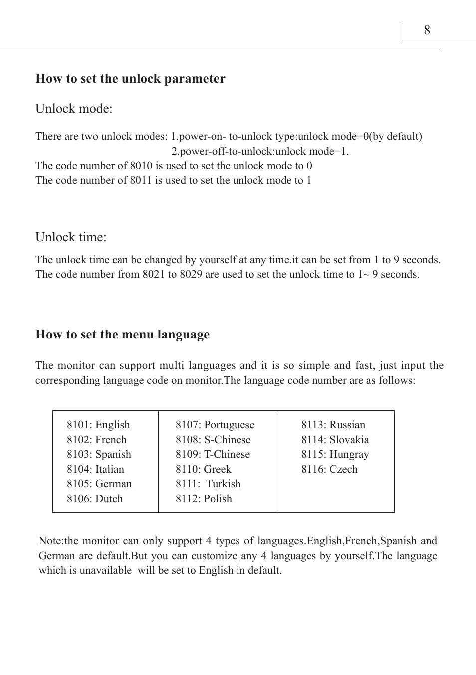 Unlock time: how to set the menu language, How to set the unlock parameter, Unlock mode: 8 | V-Tech DT27_TD7 Manual User Manual | Page 9 / 12