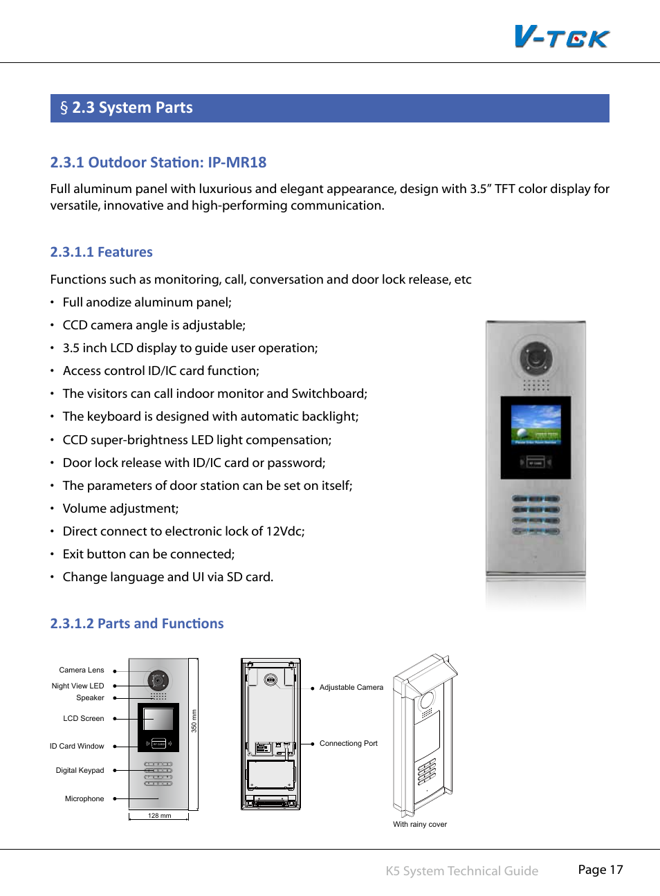 3§system§parts, 1§outdoor§station:§ip-mr18, 1§features | 2§parts§and§functions, Page 17 k5 system technical guide | V-Tech CAT5 System Technical Guide User Manual | Page 17 / 156