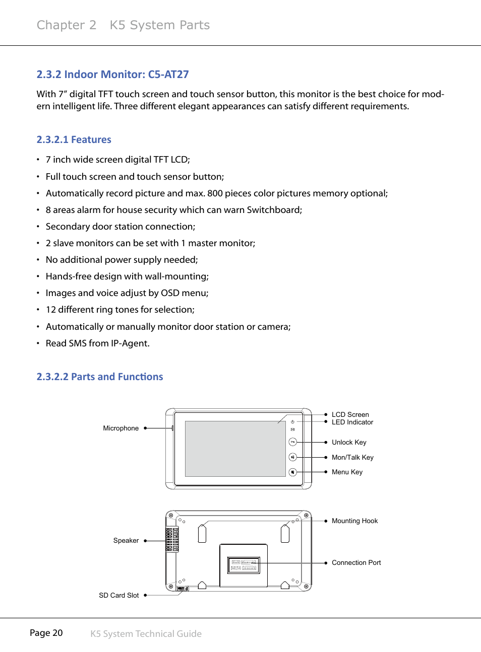 2§indoor§monitor:§c5-at27, Chapter 2 k5 system parts, 1§features | 2§parts§and§functions | V-Tech CAT5 System Technical Guide User Manual | Page 20 / 156