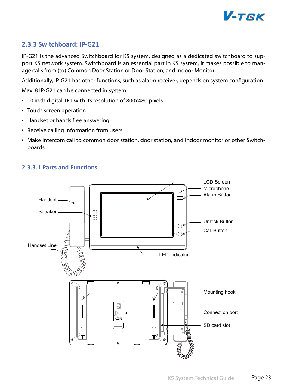 3§switchboard:§ip-g21, 1§parts§and§functions, Page 23 k5 system technical guide | V-Tech CAT5 System Technical Guide User Manual | Page 23 / 156