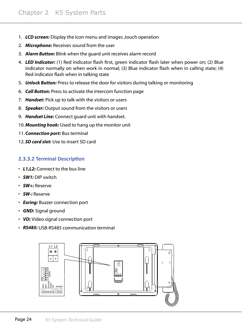 Chapter 2 k5 system parts, 2§terminal§description | V-Tech CAT5 System Technical Guide User Manual | Page 24 / 156