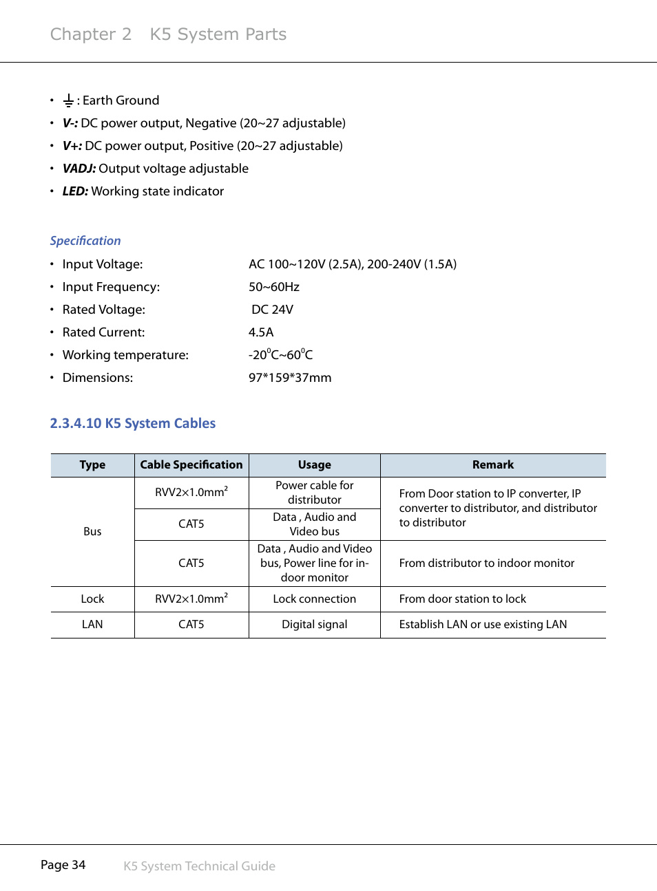 Chapter 2 k5 system parts, 10§k5§system§cables | V-Tech CAT5 System Technical Guide User Manual | Page 34 / 156