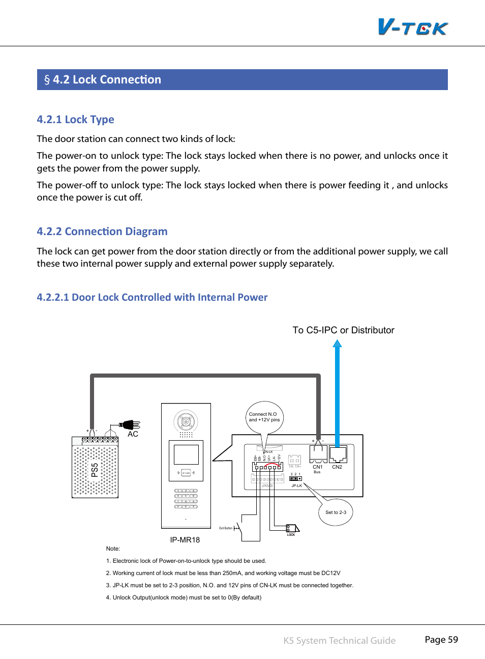 2§lock§connection, 1§lock§type, 2§connection§diagram | 1§door§lock§controlled§with§internal§power, Page 59 k5 system technical guide, Ip-mr18 ac | V-Tech CAT5 System Technical Guide User Manual | Page 59 / 156