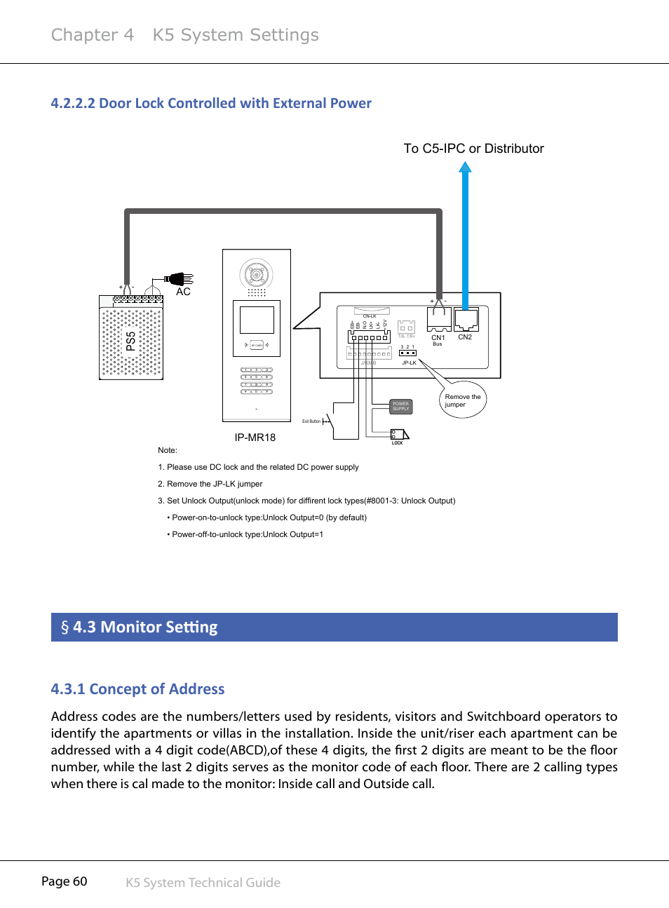 3§monitor§setting, 1§concept§of§address, Chapter 4 k5 system settings | 2§door§lock§controlled§with§external§power, Page 60 k5 system technical guide, Ip-mr18 ac | V-Tech CAT5 System Technical Guide User Manual | Page 60 / 156