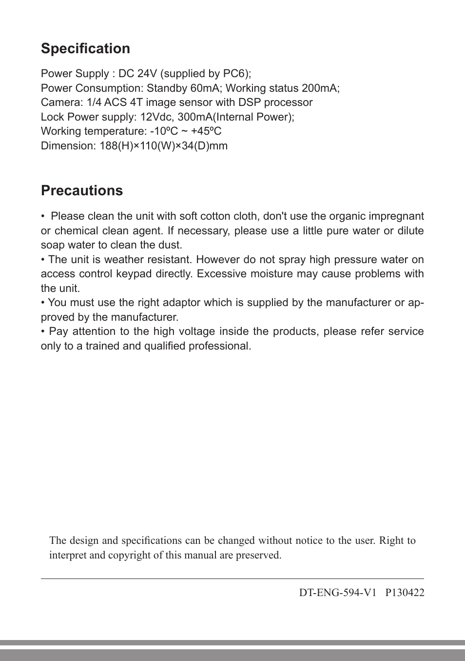 Specification, Precautions | V-Tech DT594 Manual User Manual | Page 12 / 12