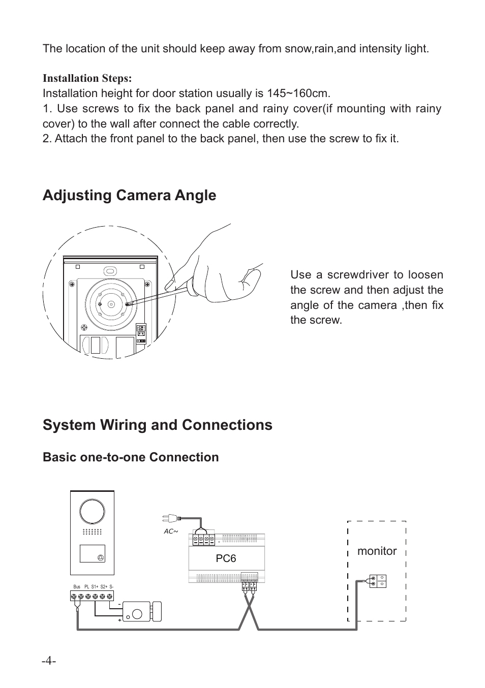 System wiring and connections, Adjusting camera angle, Basic one-to-one connection | Monitor | V-Tech DT594 Manual User Manual | Page 4 / 12