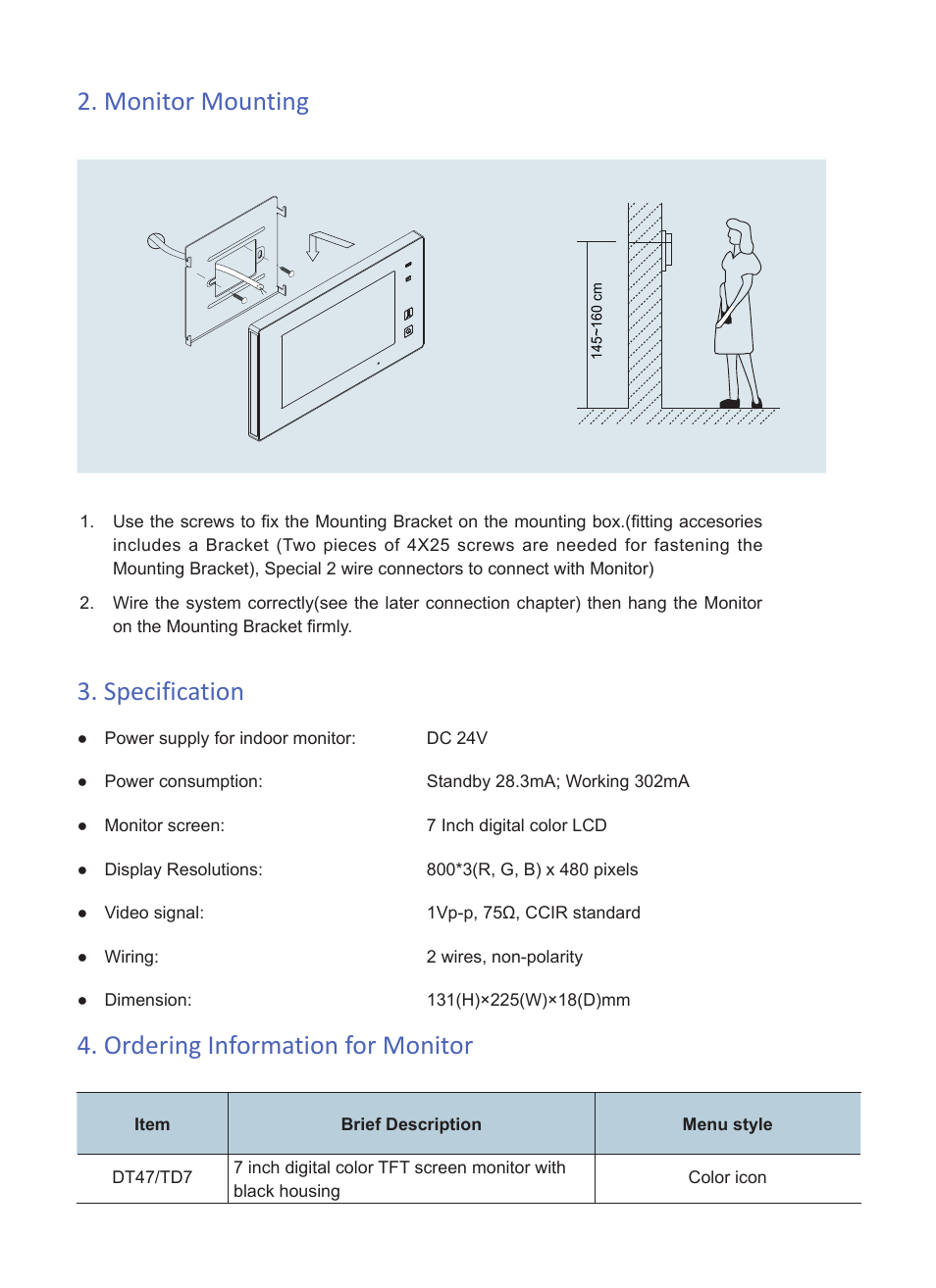 Specification 2. monitor mounting, Ordering information for monitor | V-Tech DT47 Info User Manual | Page 3 / 4