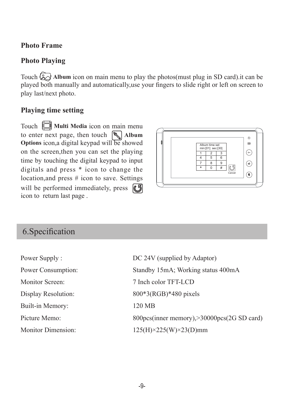 Specification, Photo playing playing time setting, Photo frame | V-Tech DT27SD_TD7 Manual User Manual | Page 11 / 12