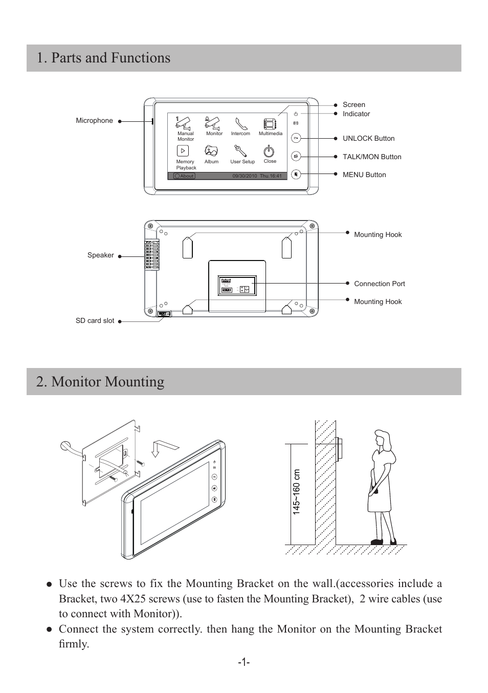 Parts and functions 2. monitor mounting | V-Tech DT27SD_TD7 Manual User Manual | Page 3 / 12