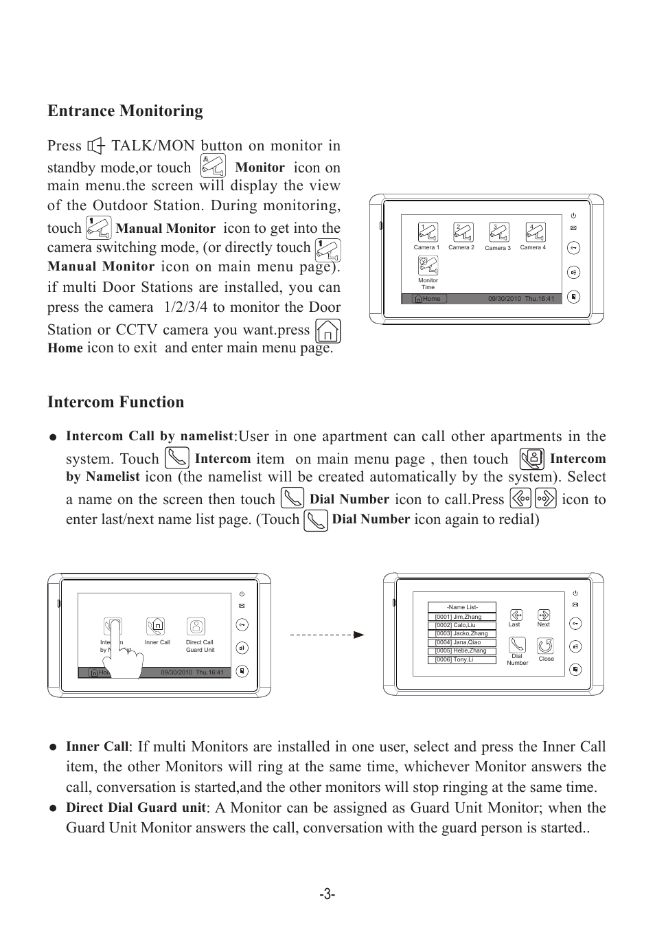 Entrance monitoring intercom function, Item on main menu page , then touch, Icon again to redial) | Icon to exit and enter main menu page | V-Tech DT27SD_TD7 Manual User Manual | Page 5 / 12
