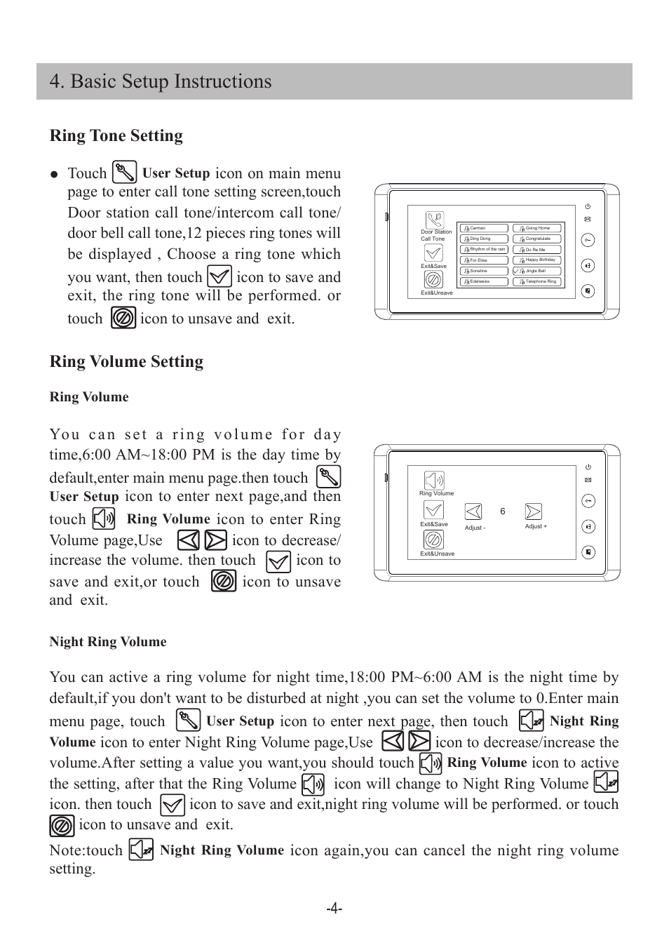 Basic setup instructions, Ring volume setting, Ring tone setting | Touch, Icon to enter next page,and then touch, Icon to enter next page, then touch, Icon | V-Tech DT27SD_TD7 Manual User Manual | Page 6 / 12
