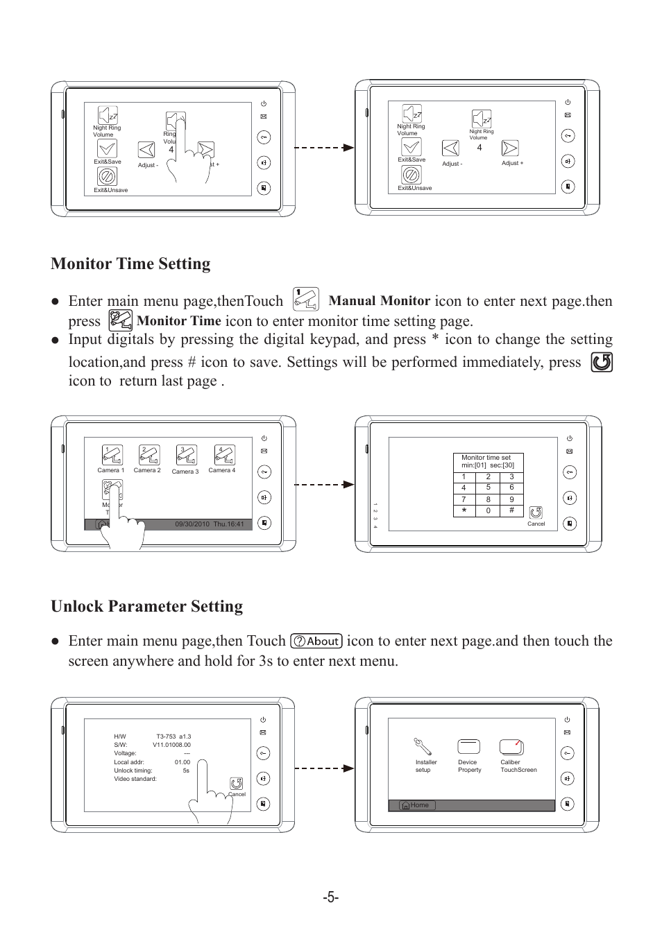 Monitor time setting unlock parameter setting, Enter main menu page,thentouch, Icon to enter next page.then press | Manual monitor, Monitor time | V-Tech DT27SD_TD7 Manual User Manual | Page 7 / 12