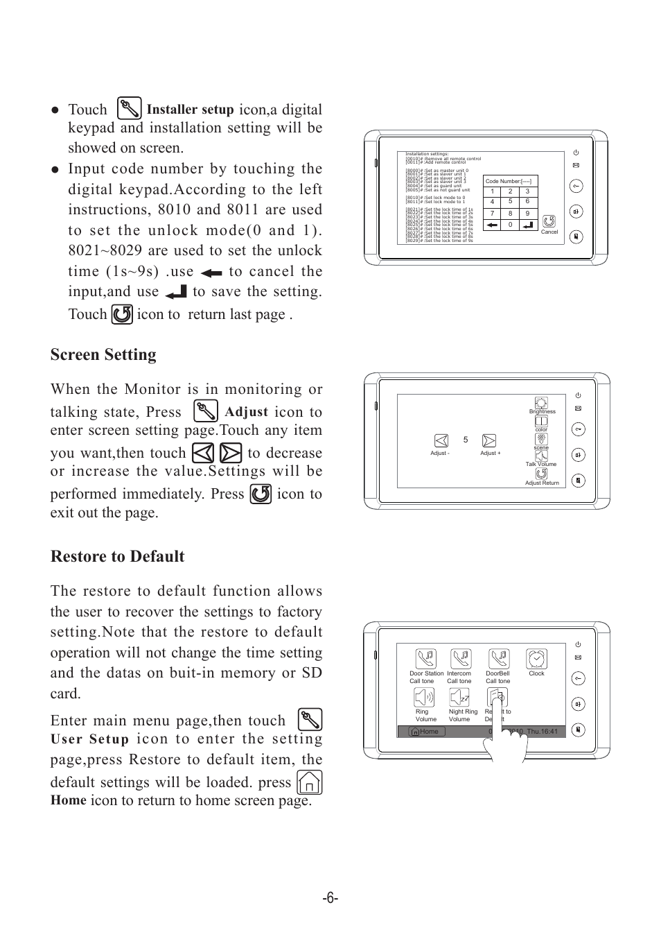 Screen setting restore to default, Icon to return to home screen page, Touch | Adjust, User setup, Home, Installer setup | V-Tech DT27SD_TD7 Manual User Manual | Page 8 / 12