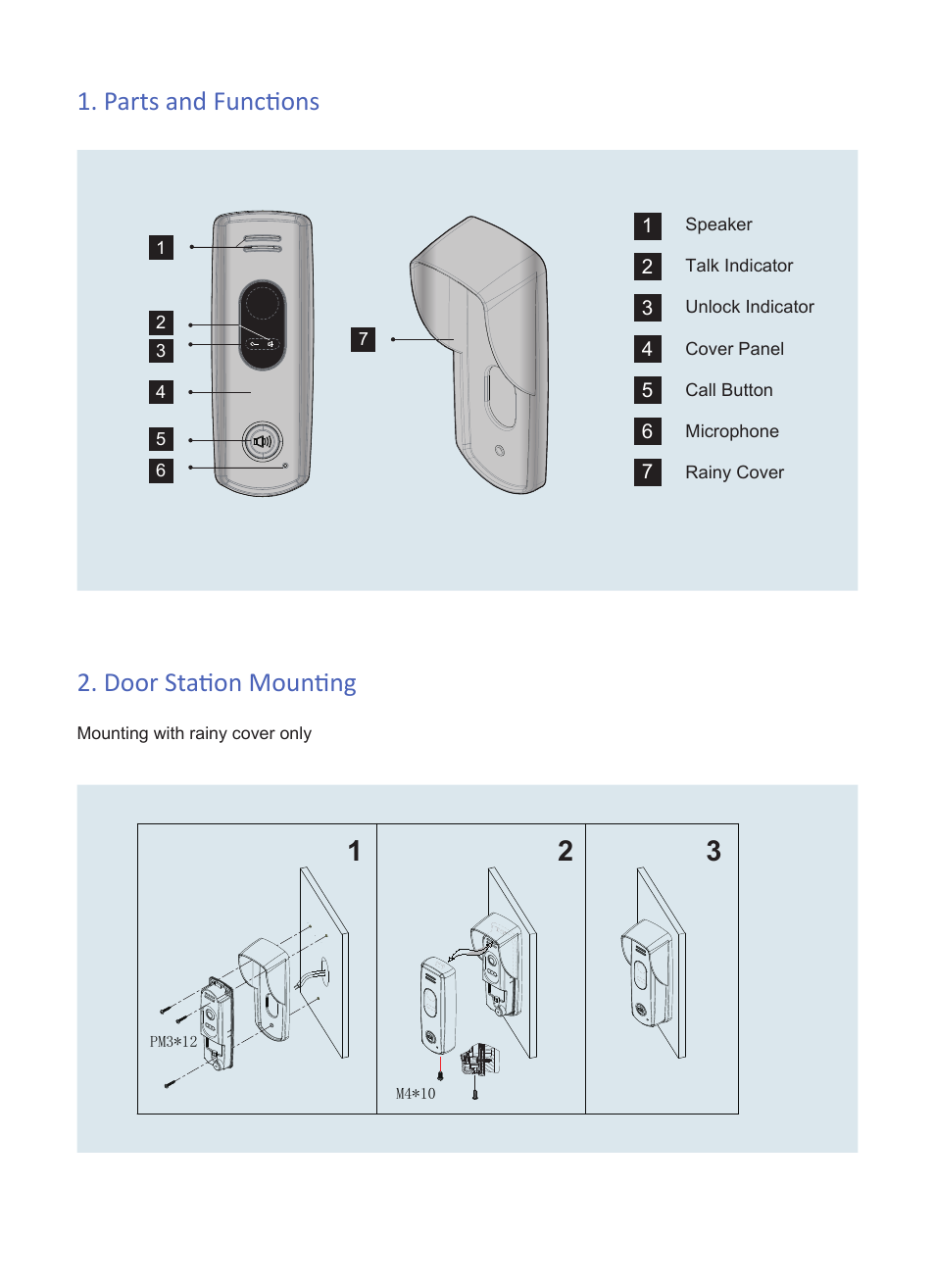 Parts and functions 2. door station mounting | V-Tech DT595A Info User Manual | Page 2 / 4