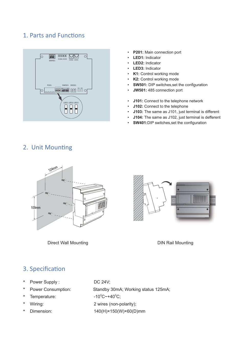 C~+40, Direct wall mounting din rail mounting | V-Tech DT-TPC Info User Manual | Page 2 / 3