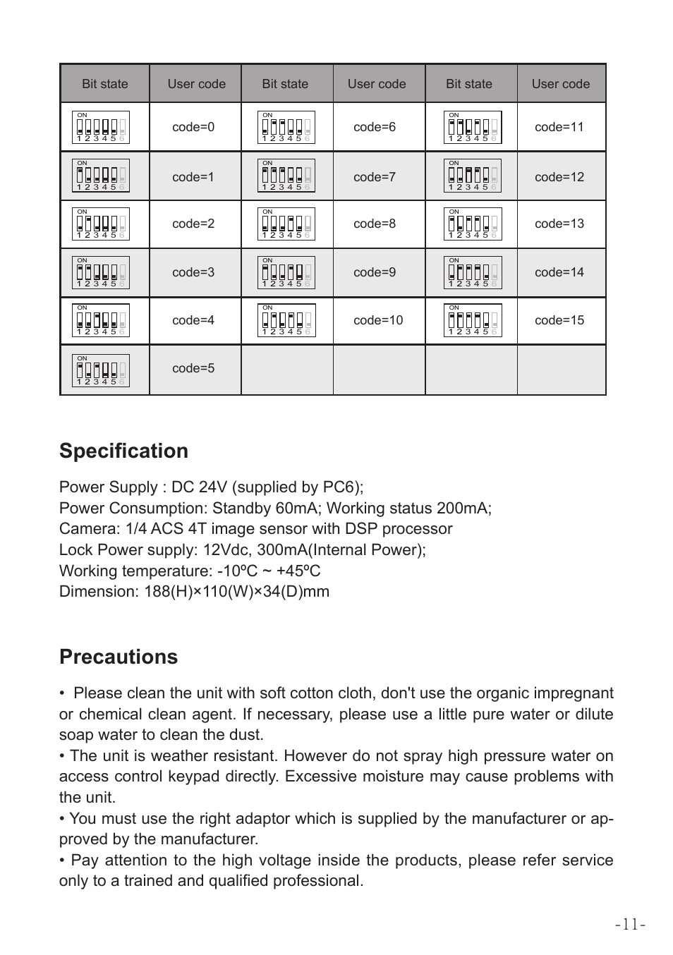 Specification, Precautions | V-Tech DT597 Manual User Manual | Page 11 / 14