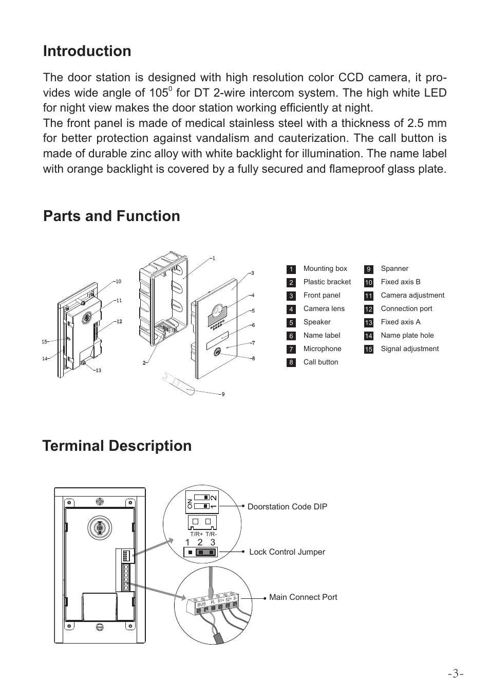 Introduction, Parts and function, Terminal description | V-Tech DT597 Manual User Manual | Page 3 / 14