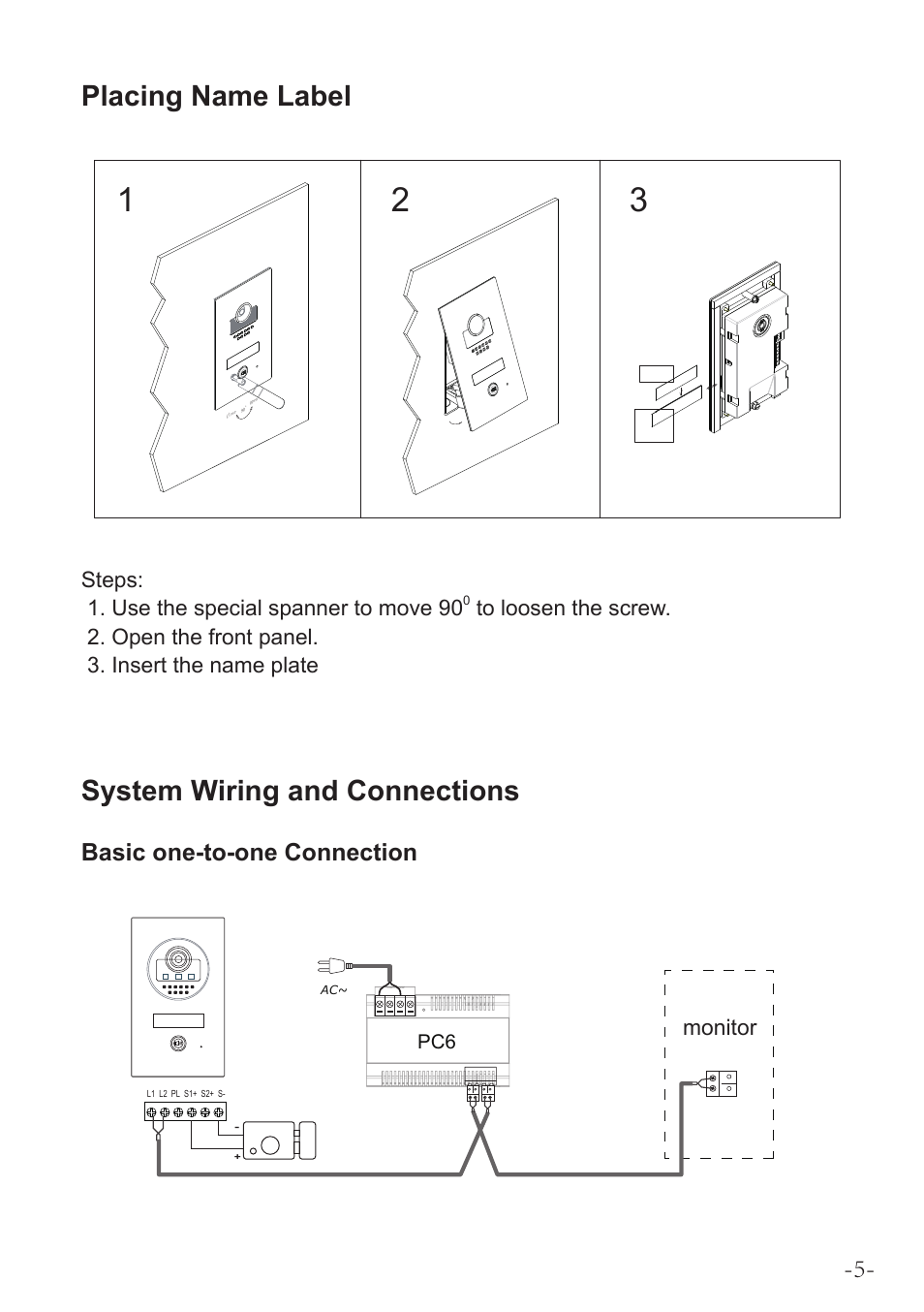 Placing name label, System wiring and connections, Basic one-to-one connection | V-Tech DT597 Manual User Manual | Page 5 / 14