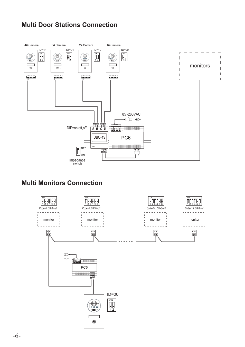 Multi door stations connection, Multi monitors connection, Monitors | Id=00, Dip=on,off,off, Impedance switch, Dbc-4s | V-Tech DT597 Manual User Manual | Page 6 / 14