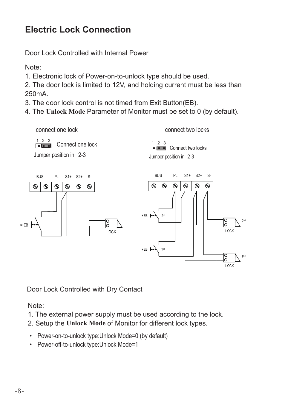 Electric lock connection, Jumper position in connect one lock 2-3 | V-Tech DT597 Manual User Manual | Page 8 / 14