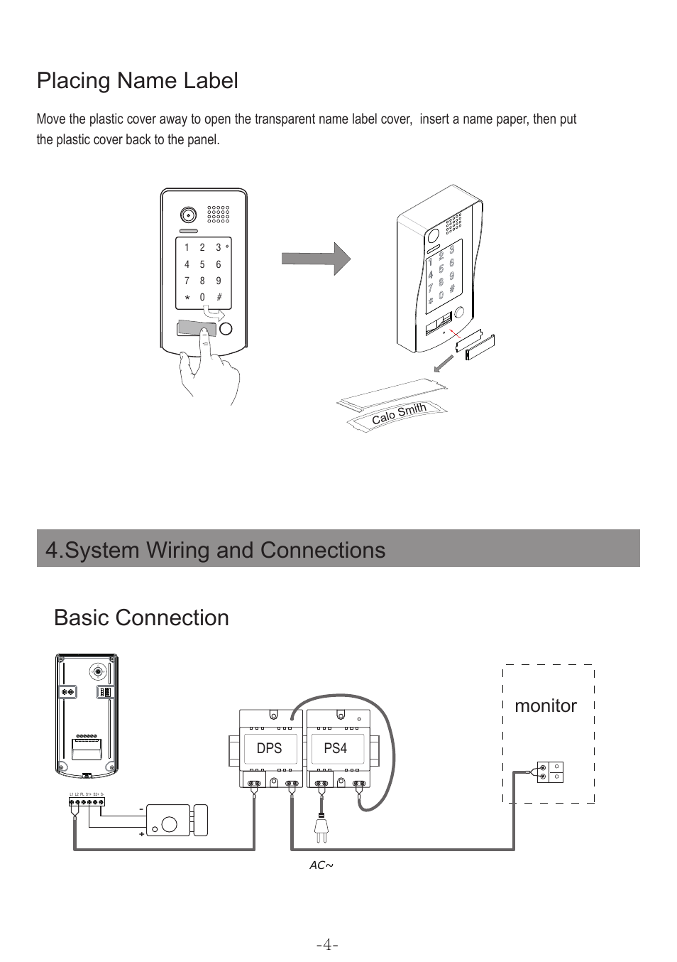 Basic connection 4.system wiring and connections, Placing name label, Monitor | V-Tech DT596F_KP Manual User Manual | Page 6 / 24