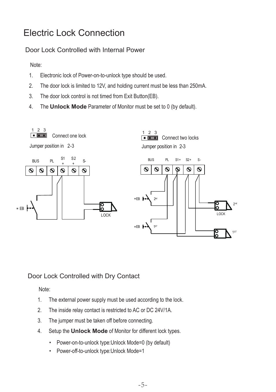 Electric lock connection, Door lock controlled with internal power, Door lock controlled with dry contact | Jumper position in connect two locks | V-Tech DT596F_KP Manual User Manual | Page 7 / 24