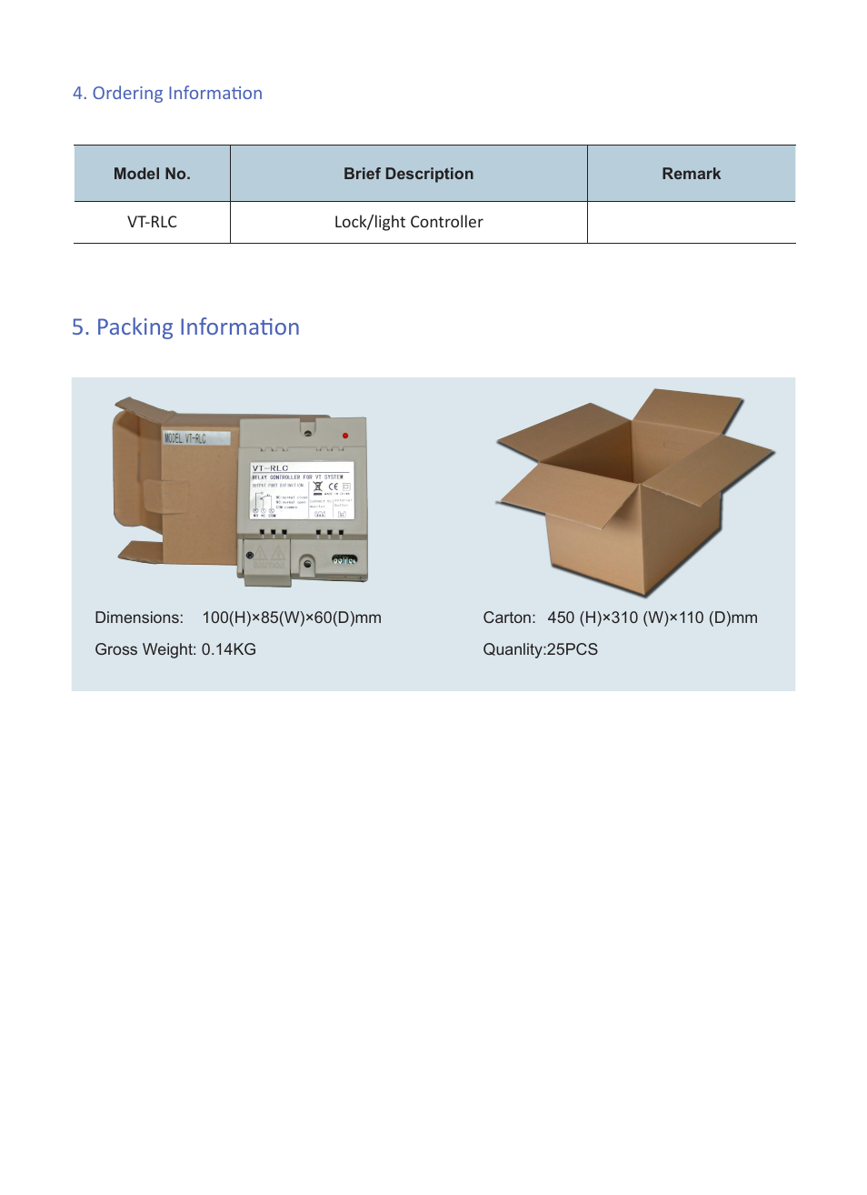 Packing information | V-Tech VT-RLC Info User Manual | Page 3 / 3